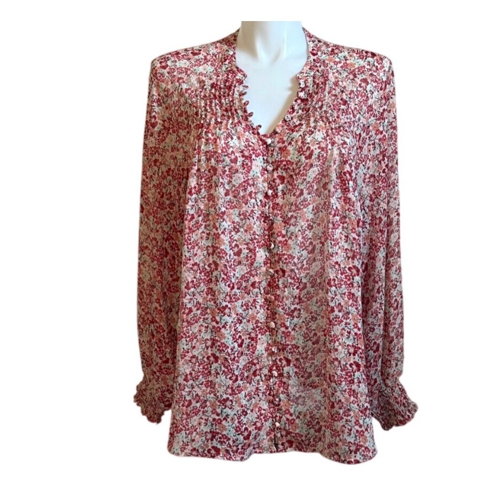 Torrid Floral Button Front Blouse Red Pink Gold Metallic Stripe Top Plus Size 3